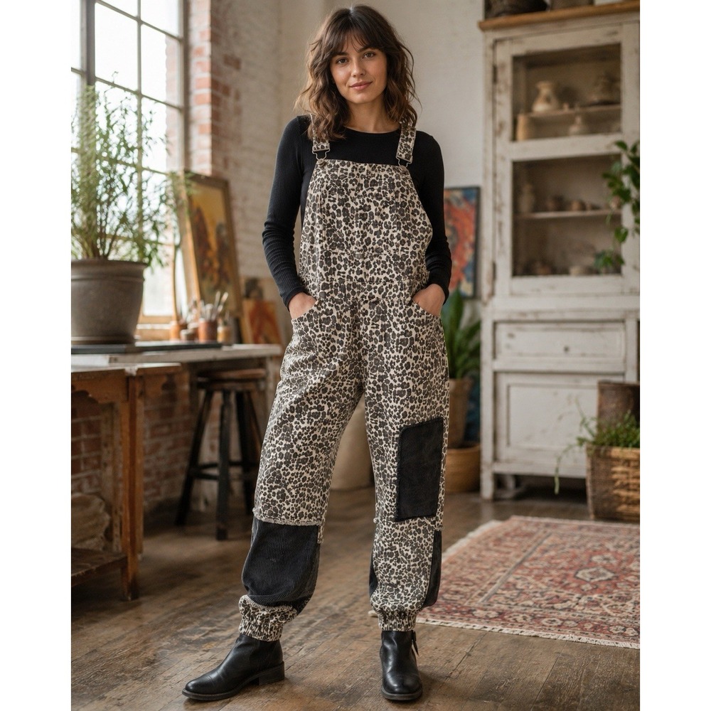 POL Women M Leopard Overalls Jumpsuit Corduroy Patch Boho Grunge Animal BWP29D